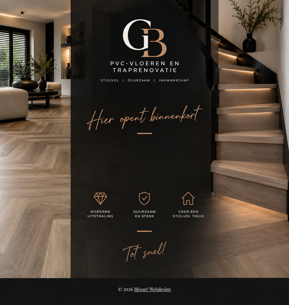 GB PVC-vloeren en traprenovatie – binnenkort online, met visgraat PVC-vloer en moderne PVC traprenovatie